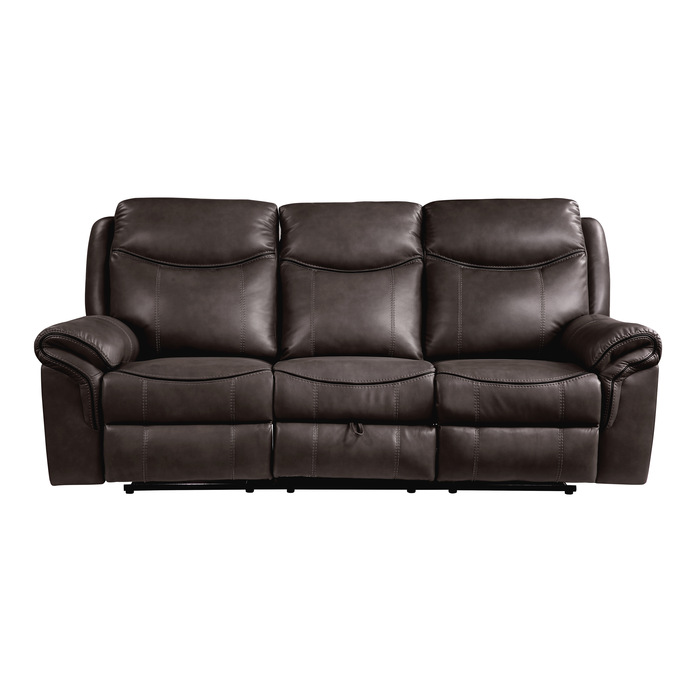 8206BRW-3 Double Reclining Sofa with Center Drop-Down Cup Holders, Receptacles, Hidden Drawer and USB Ports