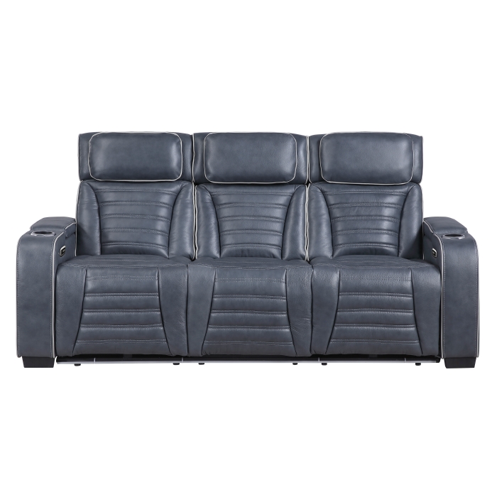 8344BUE-3PWHM Power Double Reclining Sofa with Center Drop-Down Cup Holders, Power Headrests, Storage Arms(Top and Side) ,Cup holders, Reading Lights, Wireless Charger, Air Massage, Heat, LED Lighting and Charging Ports
