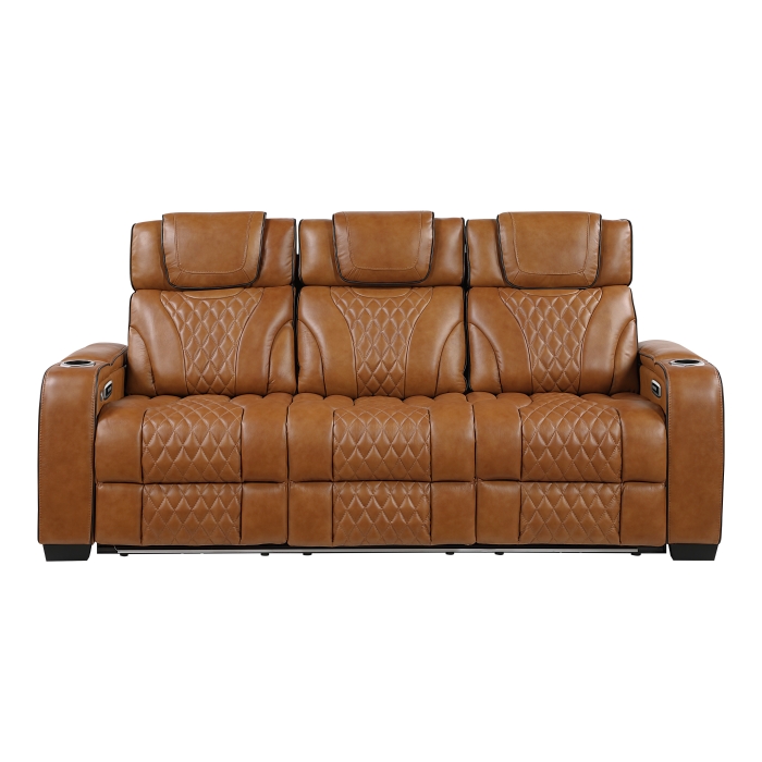 8449BR-3PWHM Power Double Reclining Sofa with Center Drop-Down Cup Holders, Power Headrests, Storage Arms with Cup holders, Reading Lights, Wireless Charger, Air Massage and Heat, LED Lighting and Charging Ports