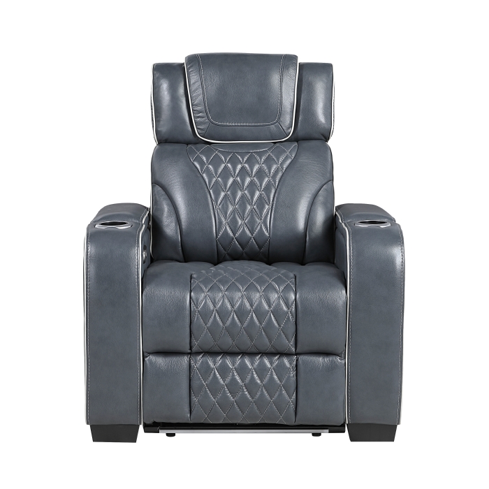 8449BU-1PWHM Power Reclining Chair with Power Headrest, Storage Arms with Cup Holders, Air Massage and Heat, LED Lighting and Charging Ports