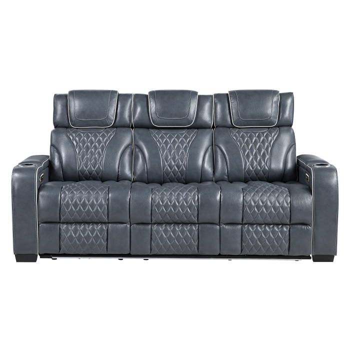 8449BU-3PWHM Power Double Reclining Sofa with Center Drop-Down Cup Holders, Power Headrests, Storage Arms with Cup holders, Reading Lights, Wireless Charger, Air Massage and Heat, LED Lighting and Charging Ports