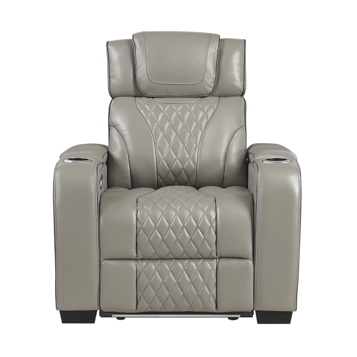 8449GY-1PWHM Power Reclining Chair with Power Headrest, Storage Arms with Cup Holders, Air Massage and Heat, LED Lighting and Charging Ports