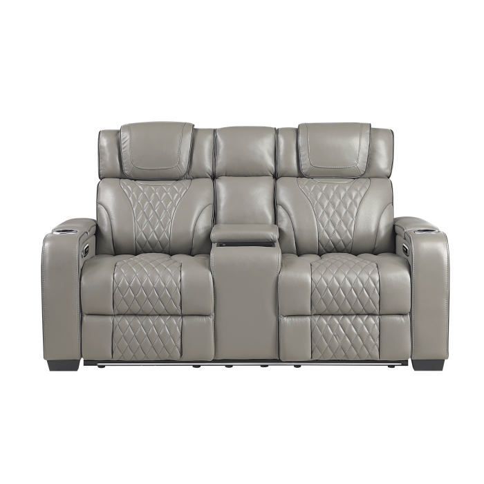 8449GY-2PWHM Power Double Reclining Love Seat with Center Console, Power Headrests, Storage Arms with Cup Holders, Wireless charger, Air Massage and Heat, LED Lighting and Charging Ports