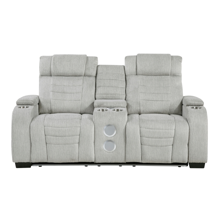 8455GRY-2 Double Reclining Love Seat with Center Console, Wireless Speakers, Storage Arms, Cup holders and LED