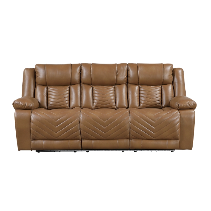 8457BRW-3PW Power Double Reclining Sofa with Center Drop-Down Cup Holders, Wireless Charger, Magazine Bag, LED and Charging Ports
