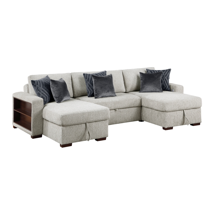 8548GY*4VC15ACLA2 3-Piece Sectional with Two Reversible Chaises, Pull-out Bed, Hidden Storage, Click Motion Back and Two Arms with Shelves and Charging Ports