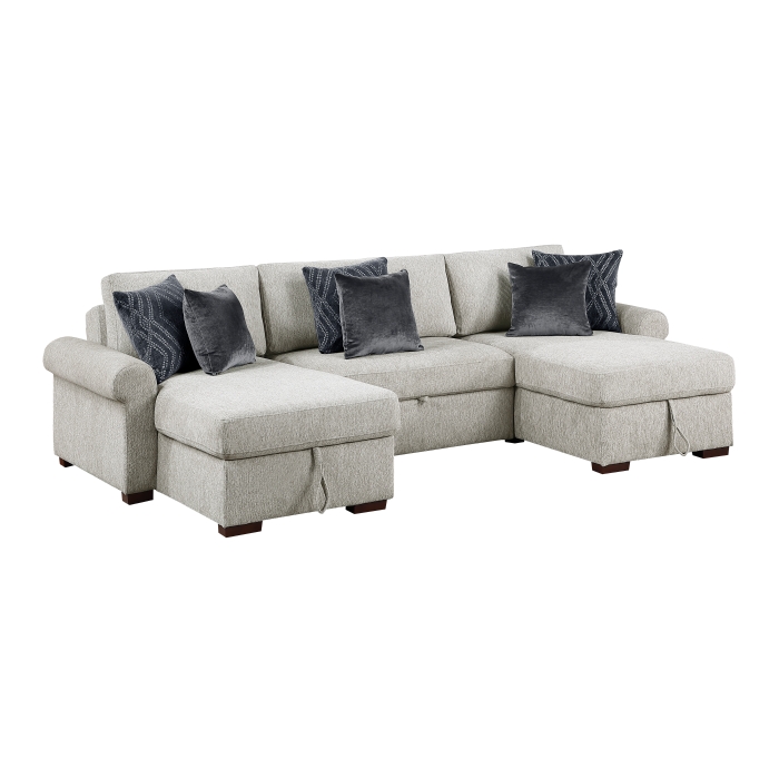 8548GY*4VC15ACLA4 3-Piece Sectional with Two Reversible Chaises, Pull-out Bed, Hidden Storage, Click Motion Back and Two Roll Arms