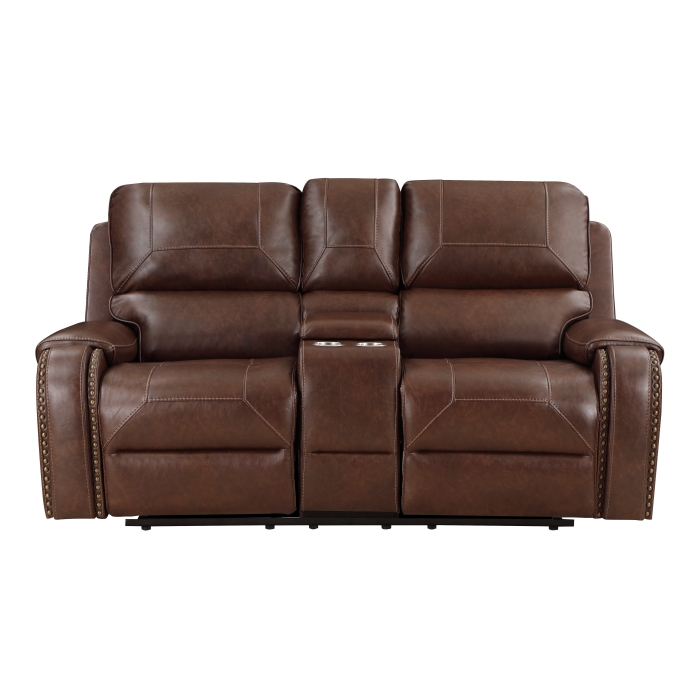 8549BRW-2 Double Glider Reclining Love Seat with Center Console, Receptacles and USB Ports