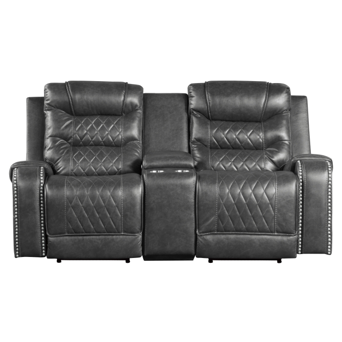9405GY-2PW Power Double Reclining Love Seat with Center Console, Receptacles and USB Ports