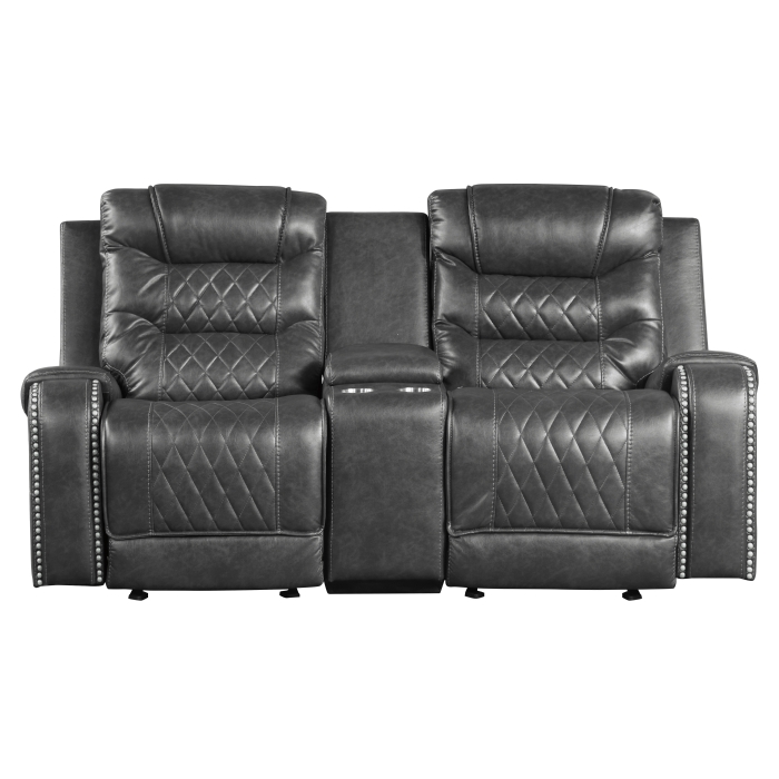 9405GY-2 Double Glider Reclining Love Seat with Center Console, Receptacles and USB Port