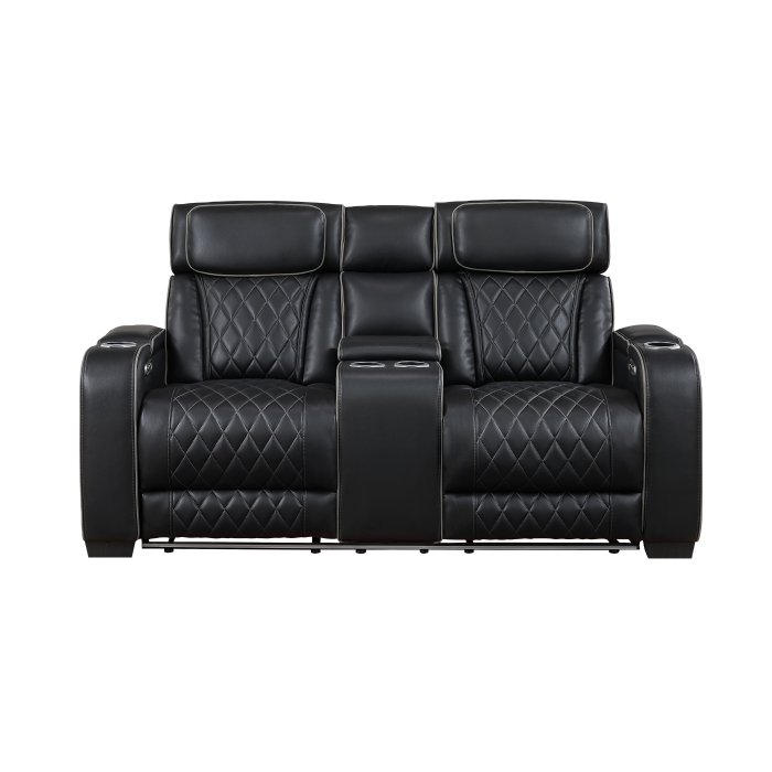 9516BLK-2PWH Power Double Reclining Love Seat with Center Console, Power Headrests, Storage Arms(Top and Side), Cup holders, Charging Ports and LED lighting