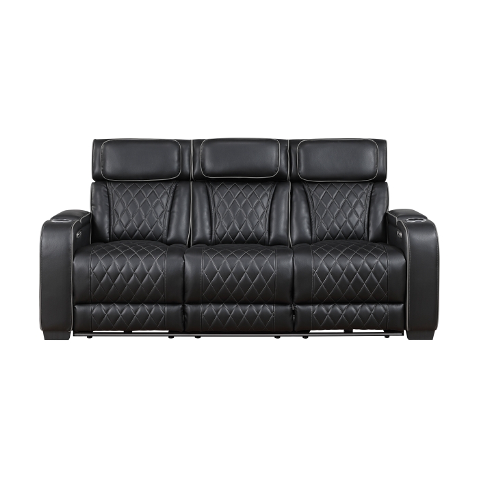 9516BLK-3PWH Power Double Reclining Sofa with Center Drop-Down Cup Holders, Power Headrests, Storage Arms(Top and Side), Cup holders and Reading Lights, Two Wireless Chargers, Charging Ports and LED Lighting