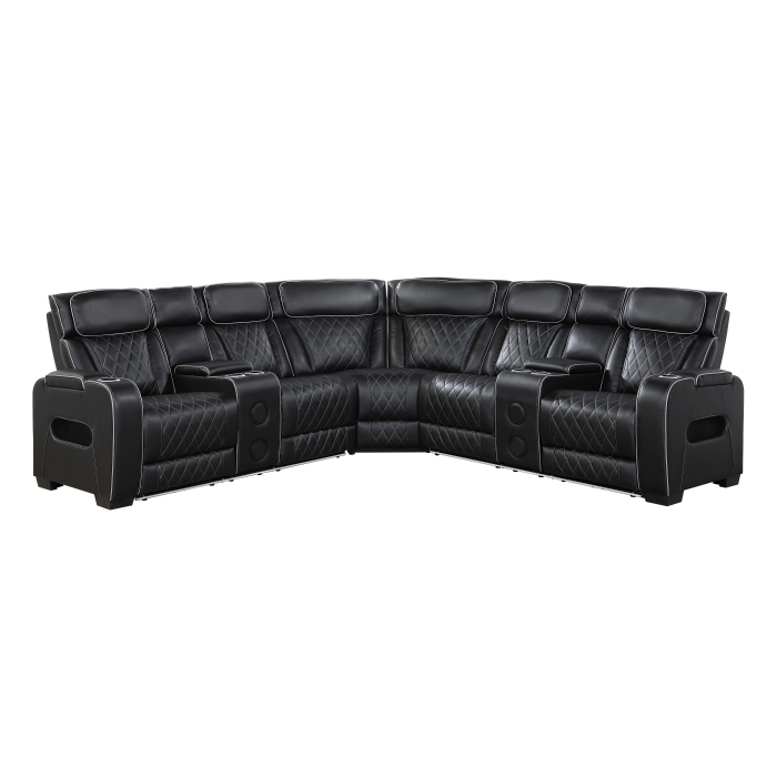 9516BLKS*32LCN2RCNPWH 3-Piece Power Reclining Sectional with Consoles, Power Headrests, Storage Arms(Top and Side), Cup holders, Charging Ports, Wireless speakers and LED lighting