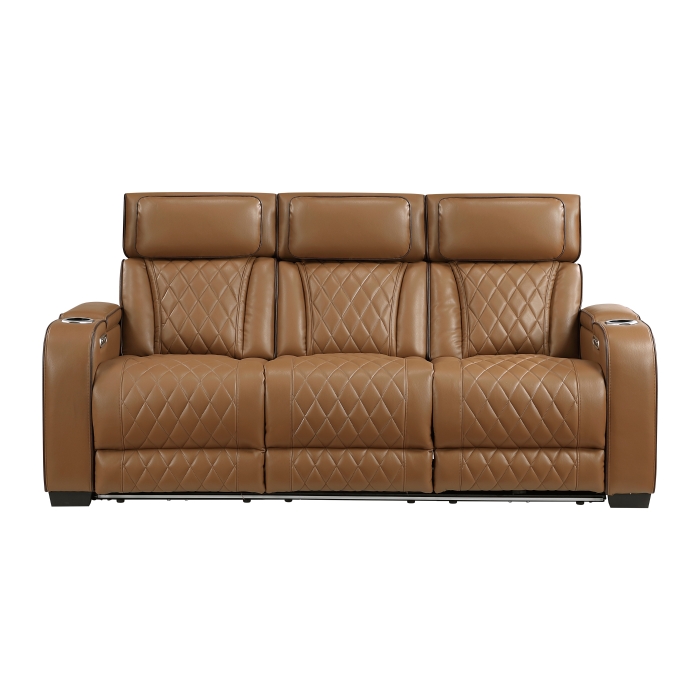 9516BRW-3PWH Power Double Reclining Sofa with Center Drop-Down Cup Holders, Power Headrests, Storage Arms(Top and Side), Cup holders and Reading Lights, Two Wireless Chargers, Charging Ports and LED Lighting
