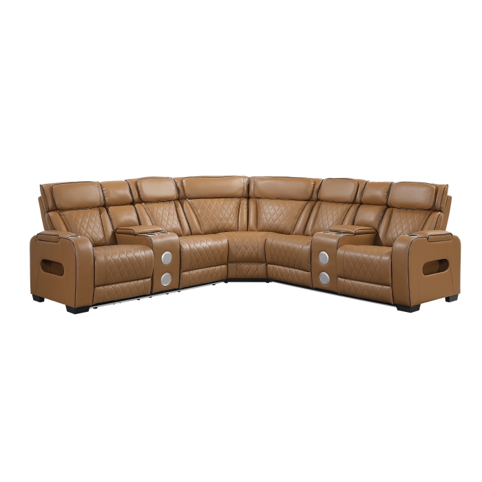9516BRWS*32LCN2RCNPWH 3-Piece Power Reclining Sectional with Consoles, Power Headrests, Storage Arms(Top and Side), Cup holders, Charging Ports, Wireless speakers and LED lighting