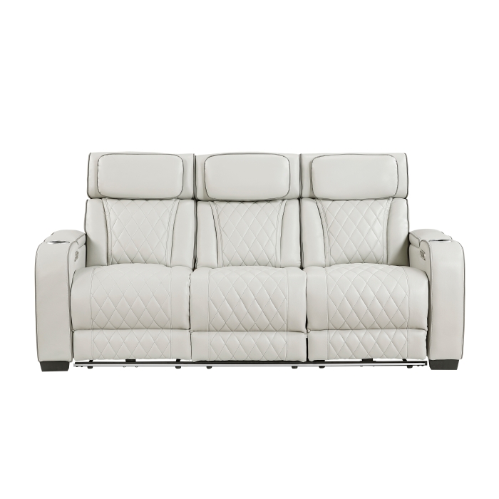 9516TPE-3PWH Power Double Reclining Sofa with Center Drop-Down Cup Holders, Power Headrests, Storage Arms(Top and Side), Cup holders and Reading Lights, Two Wireless Chargers, Charging Ports and LED Lighting