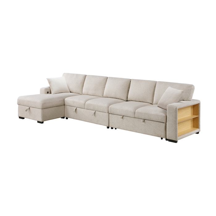 9630BE*3LC2R Sectional with Left Chaise, Pull-out Bed, Hidden Storages and Shelves, Charging Ports