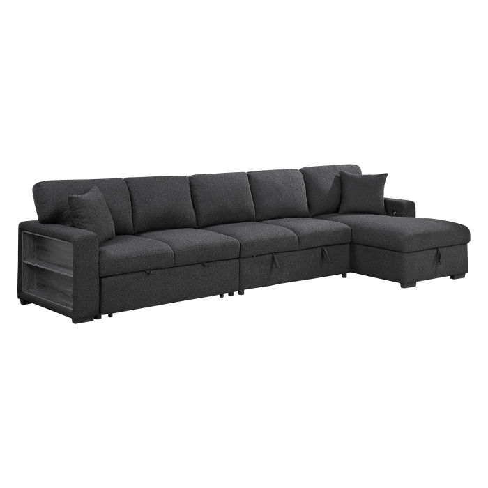 9630BK*32LRC Sectional with Right Chaise, Pull-out Bed, Hidden Storages and Shelves, Charging Ports