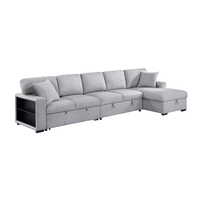 9630GY*32LRC Sectional with Right Chaise, Pull-out Bed, Hidden Storages and Shelves, Charging Ports