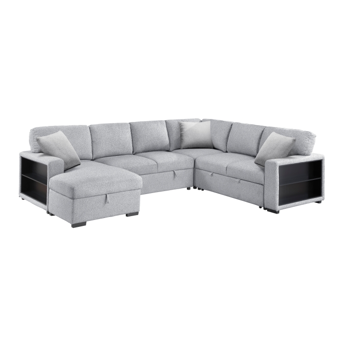 9630GY*4LC2R Sectional with Left Chaise, Pull-out Bed, Hidden Storages and Shelves, Charging Ports
