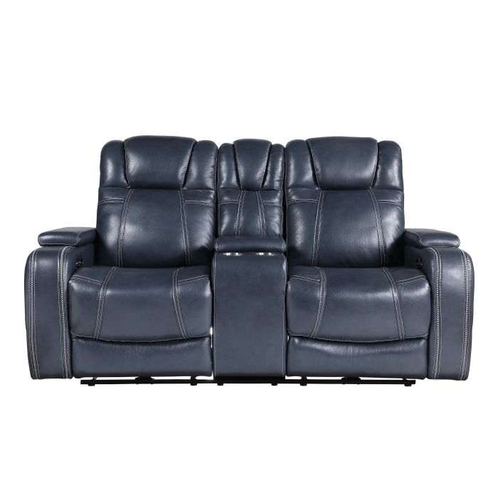 9640BU-2PWH Power Double Reclining Love Seat with Center Console, Power Headrests and Storage Arms