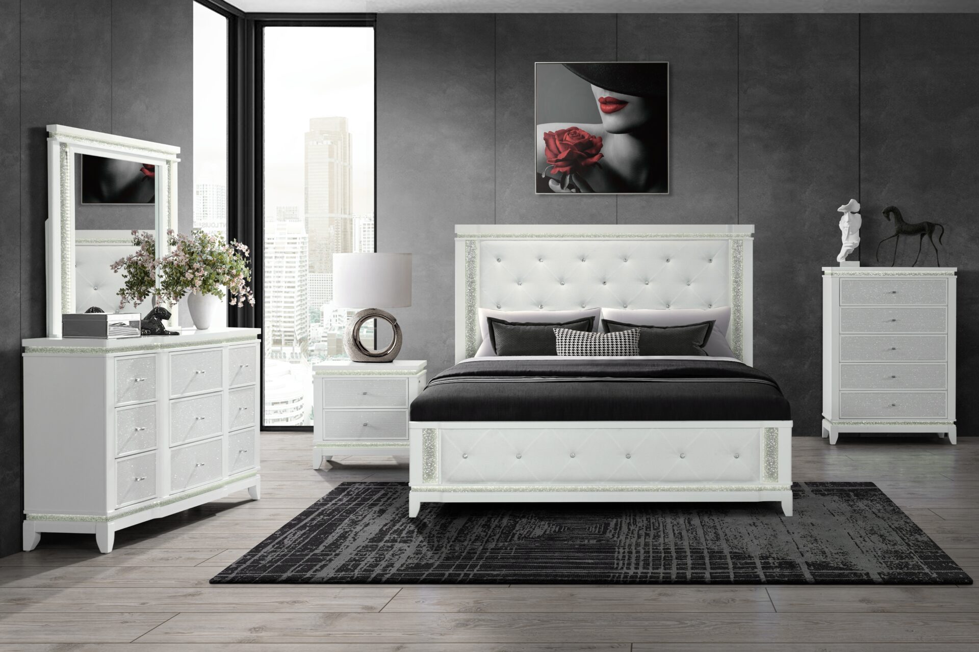 ALINA WHITE FULL BED GROUP WITH LED, COOLER, SPEAKER AND USB