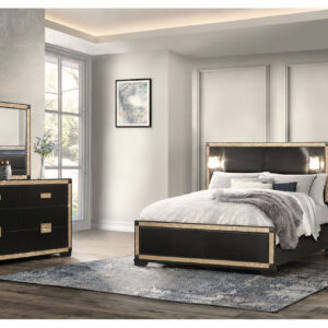 BLAKE BLACK/GOLD FULL BED WITH LAMPS, DRESSER, MIRROR, NIGHTSTAND