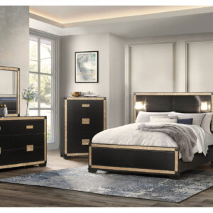 BLAKE BLACK/GOLD QUEEN BED GROUP WITH LAMPS