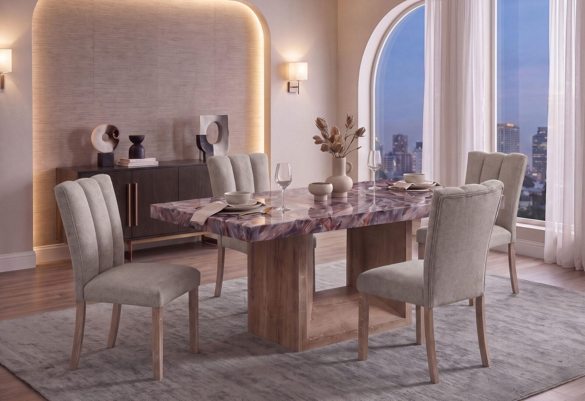 D02 LAVA/NAT DINING TABLE AND 8 D8683 BEIGE DINING CHAIRS