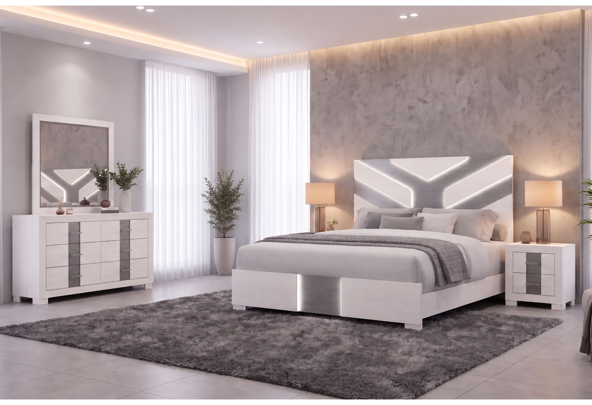 OPTIMUS WHITE KING BED, DRESSER, MIRROR AND NIGHSTAND