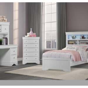POMPEI METALLIC WHITE BOOKCASE TWIN BED, DRESSER, MIRROR & NS