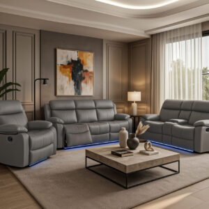 U6026 GREY PU 46A REC SOFA/CON REC LOVESEAT W/SPEAKER/GLIDER REC