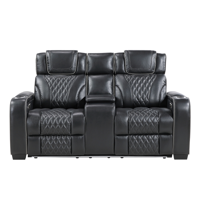 8449BK-2PWHM Power Double Reclining Love Seat with Center Console, Power Headrests, Storage Arms with Cup Holders, Wireless charger, Air Massage and Heat, LED Lighting and Charging Ports